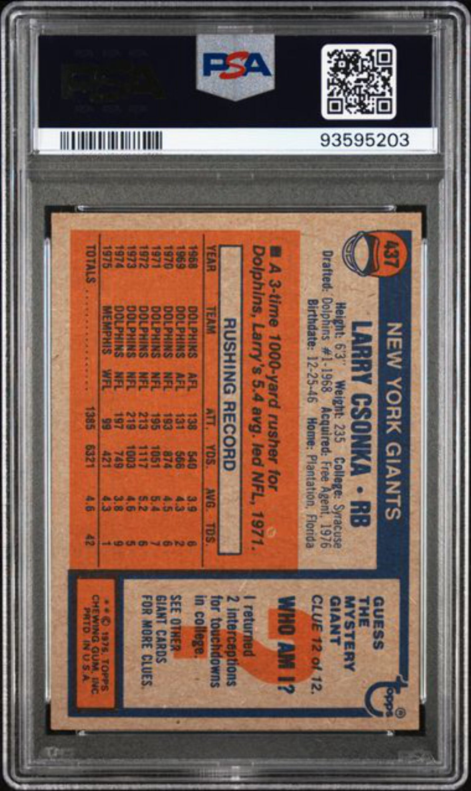 Graded 1976 Topps Larry Csonka #437 Football Card PSA 6 EX-MT