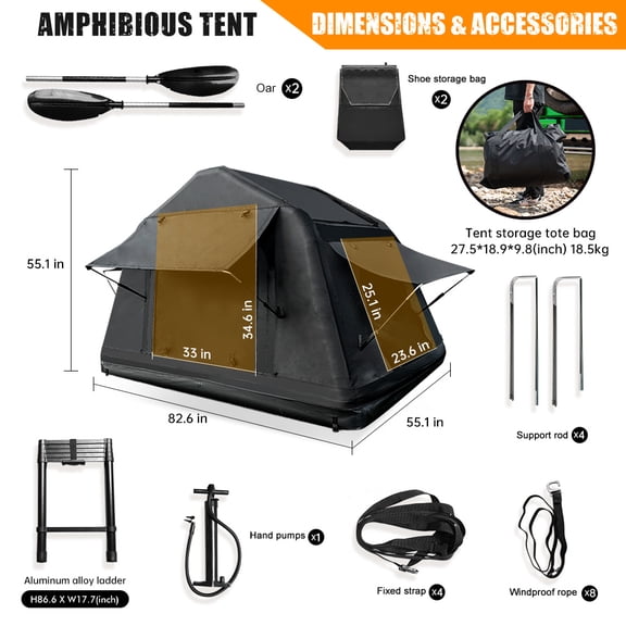 Portable Amphibious Inflatable Tent For Camping Foldable Offroad Roof Top Tent Floating Tent (With Ladder, Black)