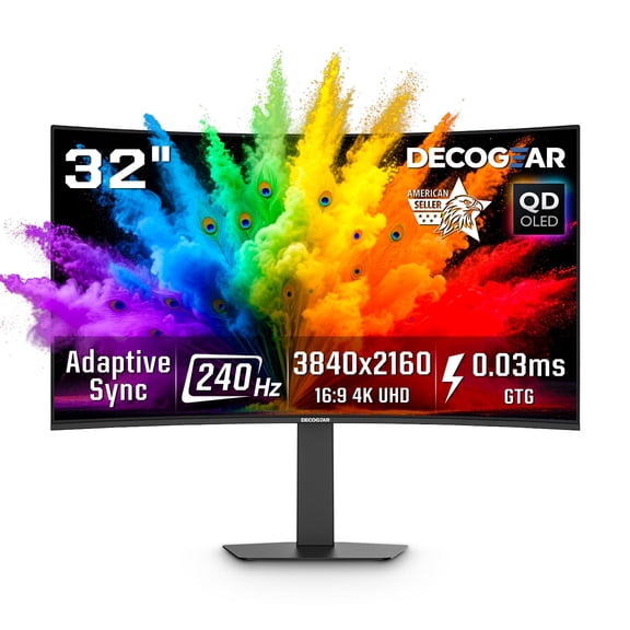 Deco Gear 32" Curved 4K QD-OLED Gaming Monitor, 3840x2160 240Hz 0.03ms, HDR400, 99% DCI-P3, USB-C & Built-in KVM, Console-Ready Dual HDMI 2.1 & Dual DP 1.4, AMD FreeSync, RGB Stand