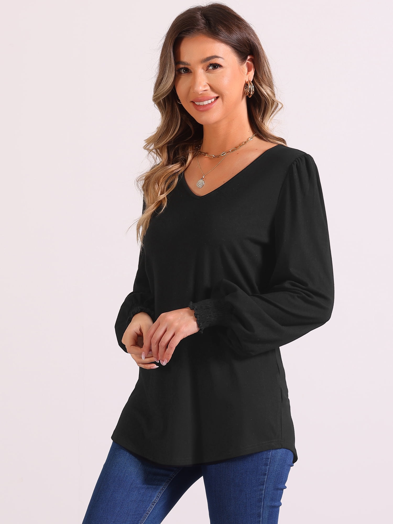 DARING DIVA Women's Lantern Sleeve Smocked Cuffs Pullover Sweater Tops XS Black