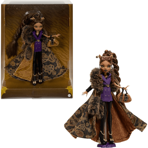 Open Box Monster High JDR66 Doll, Clawdeen Wolf House of Wolf Collectible with Faux Fur Jacquard Coat, Purple Blazer Dress, Pantaboots and Golden Accessories