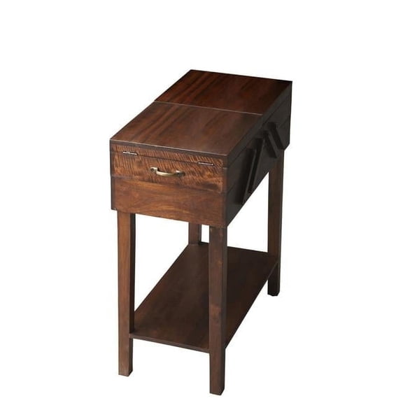 HomeRoots 476441 27.5 x 13 x 38.5 in. Dark Brown Solid Wood Rectangular End Table with Drawers & Shelf