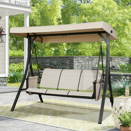 Ulax Furniture 3-seat Steel Frame Patio Porch Swing Outdoor Hammock Swing Glider Bench with Textilene Mesh Sling Seats and UV-Resistant Polyester Adjustable Canopy Beige