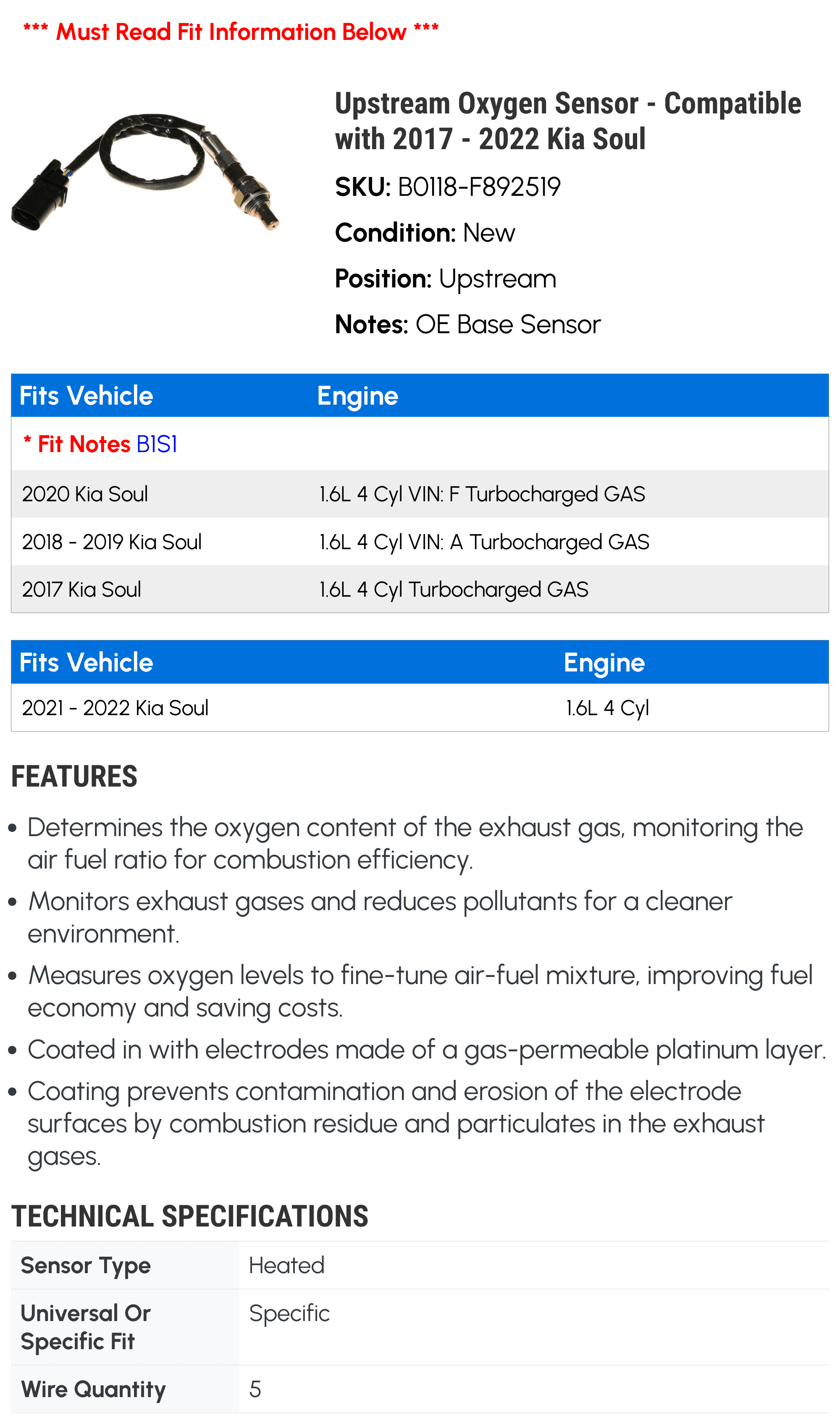 Upstream Oxygen Sensor - Compatible with 2017 - 2022 Kia Soul 2018 2019 2020 2021