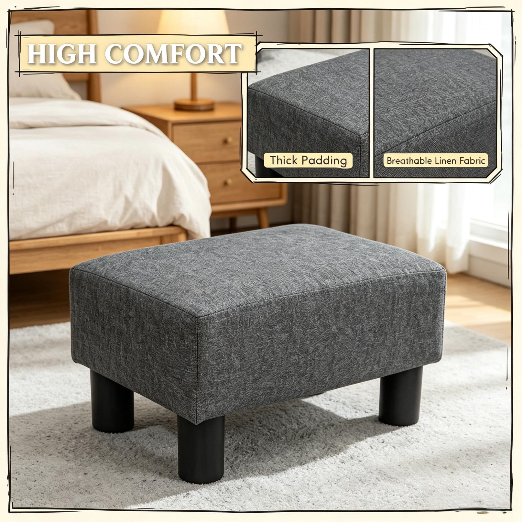 Foot Stool, Cube Ottoman Foot Rest with Sturdy Plastic Legs for Cozy Seating, Small Charcoal Gray Linen