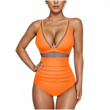 GSPCLAM Women s Sexy Solid Color Tops Backless Lace Mesh Swimwear with Bra Pads V-Neck Summer Breathable Fashionable Tops Tops Orange S