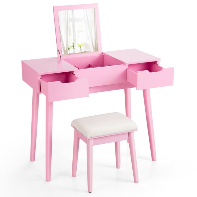Costway Vanity Table Set w/ Flip Top Mirror Drawers 9 Dividers Makeup Writing Desk Pink