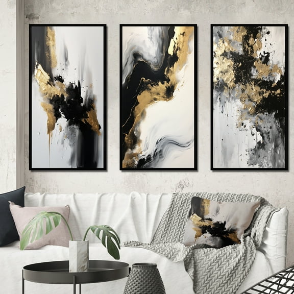 Designart "Organic Bliss Minimalist Abstract in Gold and Black III" Abstract Painting Framed Wall Art Set Of 3 - Gold Modern Frame Gallery Set For Office Decor