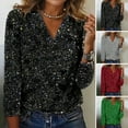 thumbnail image 2 of Skymirror Women Top Shiny Sequin V Neck Long Sleeve Loose Soft Pullover Pure Color Breathable Daily Commute Club Party Lady Blouse Shirt, 2 of 8