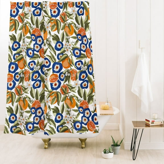 Society6 Marta Barragan Camarasa Blue Flowers On Orange B Shower Curtain 71" x 74"