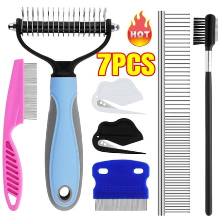 7 Pack Pets Grooming Brush Comb Kit,Double-Side Deshedding Dematting Dog Brush,Undercoat Rake for Dogs & Cats