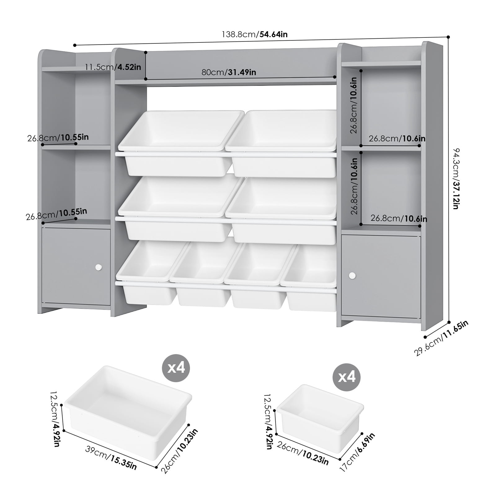 Homfa Kids Toy Organization Cubby Bookcase with 8 Bin, 2 Door Gray Storage Organizer Bookshelf for Children Room Playroom