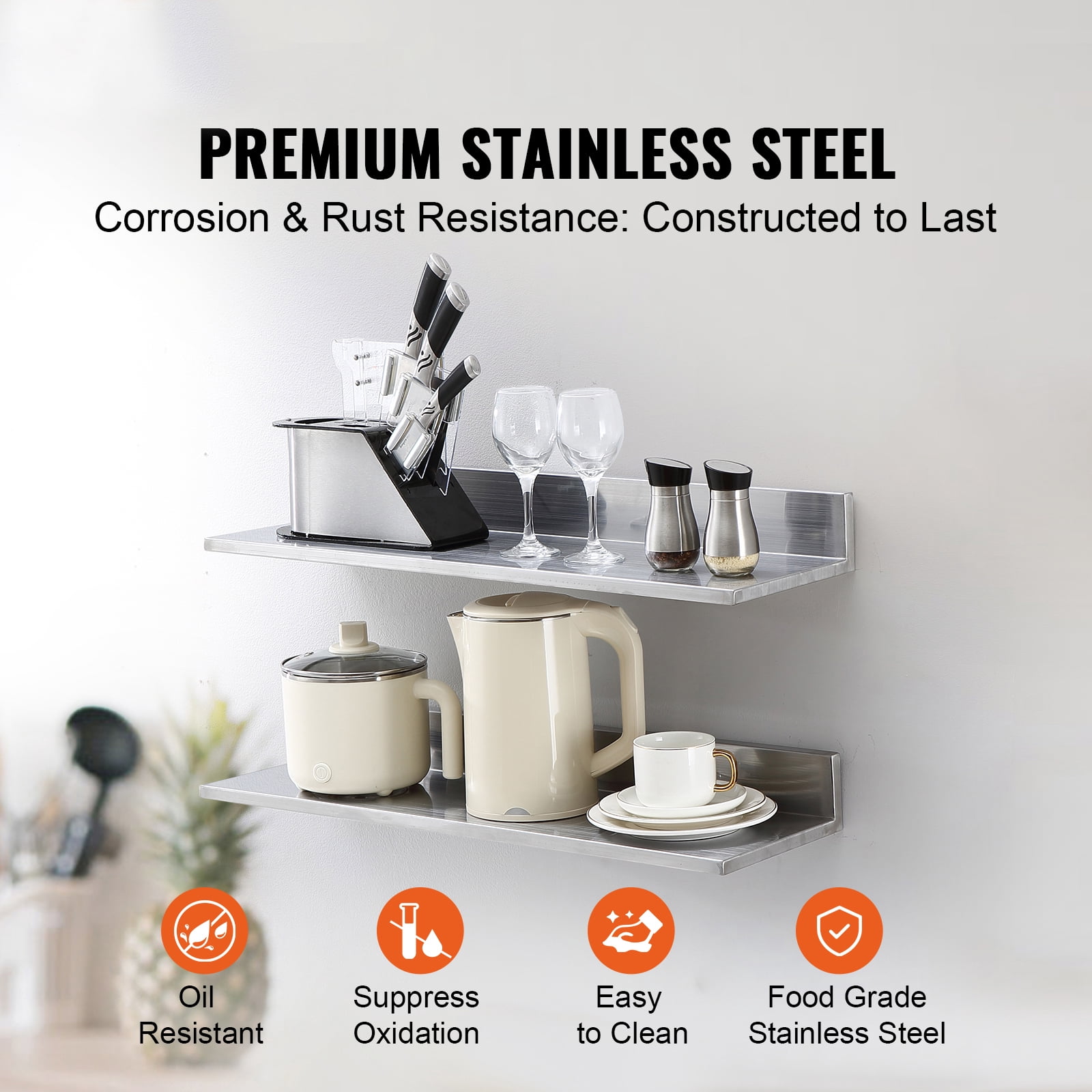 KFFKFF 8.6" x 30" Stainless Steel Wall Shelf, Floating Shelf with Backsplash, 44 lbs Load Capacity, Durable Storage Rack for Kitchens, Restaurants, Bars, Homes, and Hotels