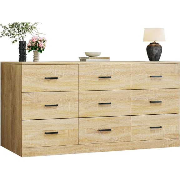 9 Drawer Dresser for Bedroom, 60'' Long Mid Century Modern Dressers TV Stand, Wood Vintage Chests of Drawers, Large Storage Organizer for Bedroom, Closet, Entryway, Natural Oak