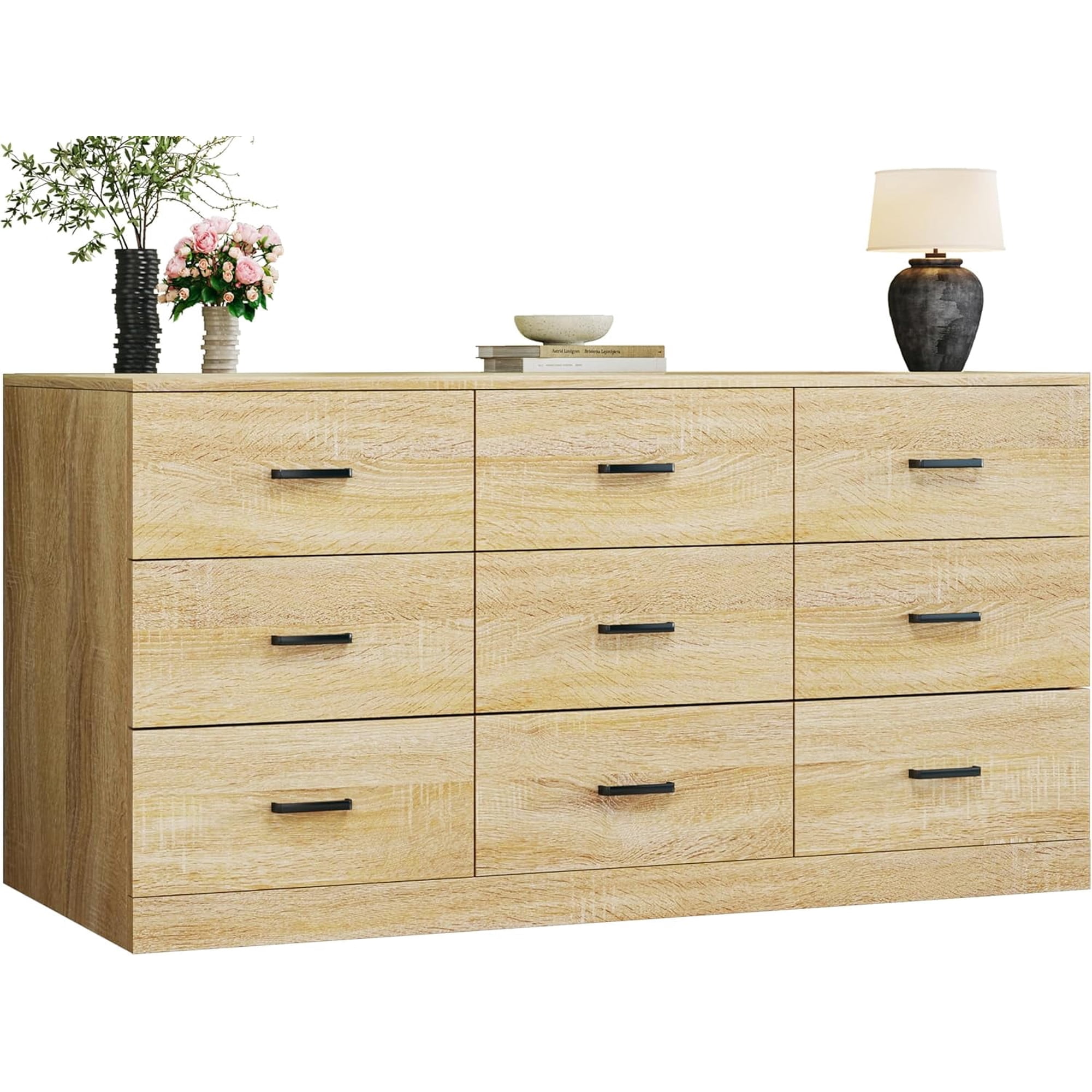 9 Drawer Dresser for Bedroom, 60'' Long Mid Century Modern Dressers TV Stand, Wood Vintage Chests of Drawers, Large Storage Organizer for Bedroom, Closet, Entryway, Natural Oak