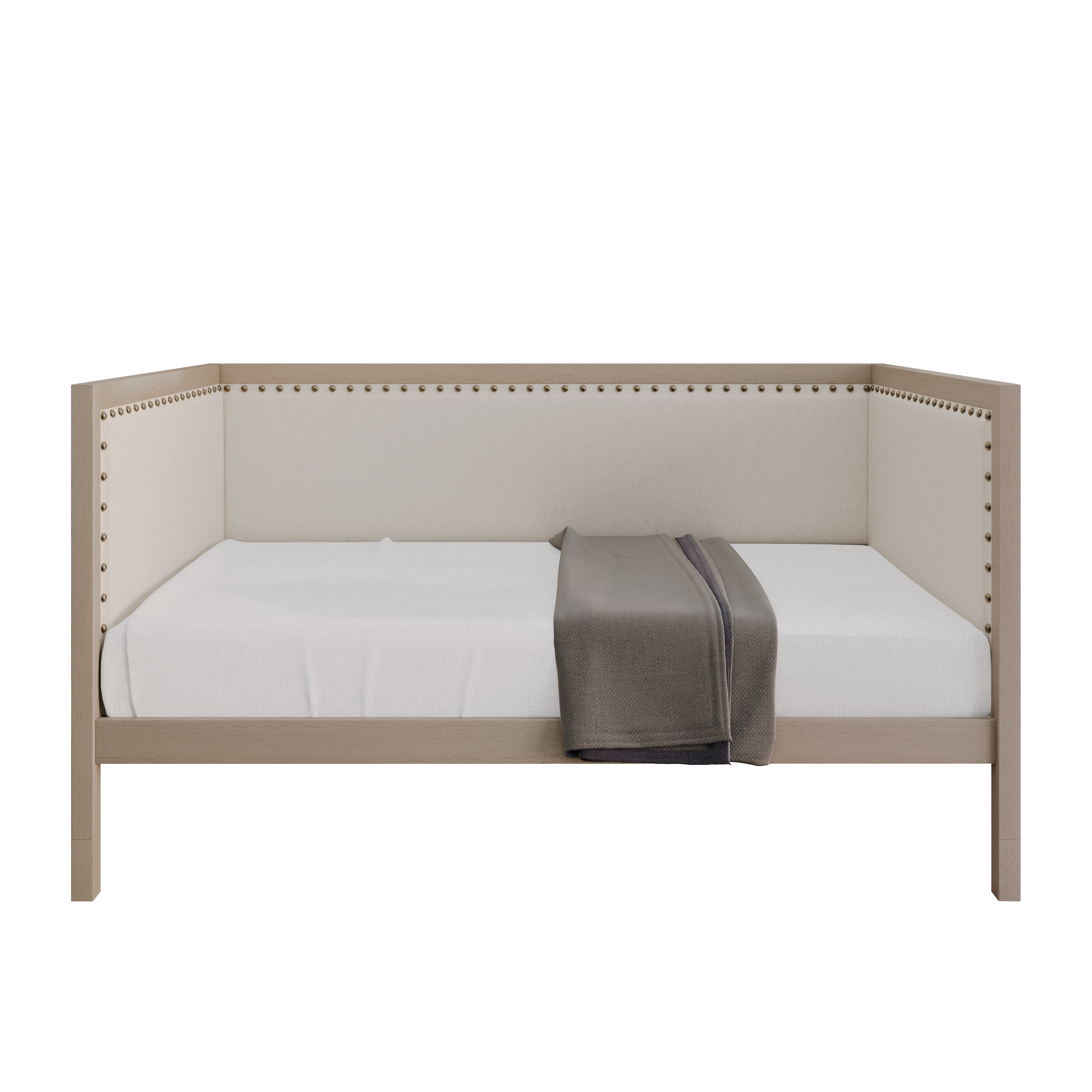 Home Design Cairo Twin Daybed with Upholstered Frame, Plush Foam Padding, Brass Nailhead Trim, Durable Construction, Stylish Seating and Sleeping Solution, Gray/Warm Gray