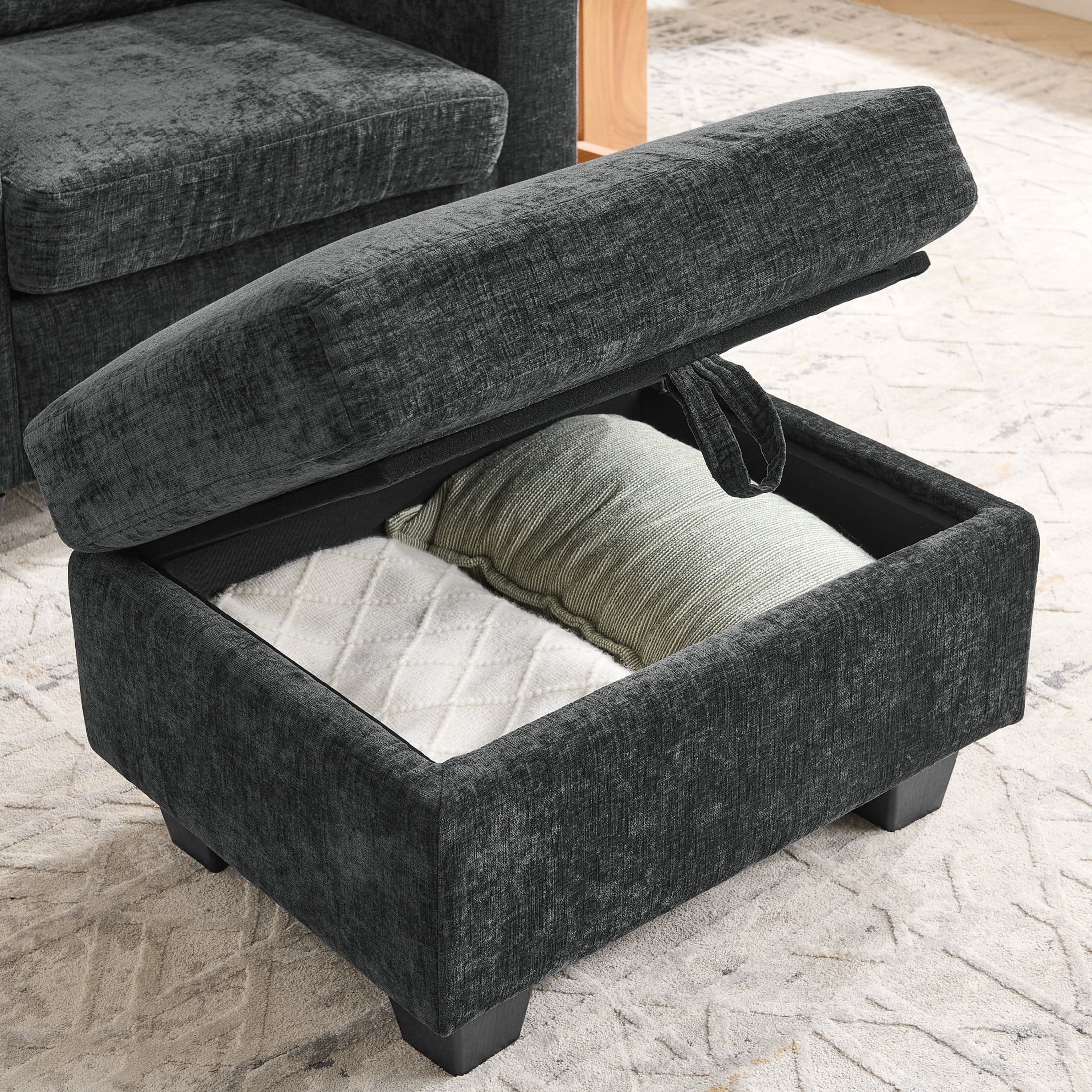 Noble House Edwin Chenille Manual Recliner Chair with Ottoman, Hidden Storage & Cup Holders, Reading Single Sofa, Black