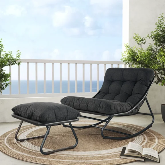 EVERITE 2-Piece Outdoor Steel Sling Rocking Chair Set with Ottoman ,Dark Charcoal Gray, Removable Cushion