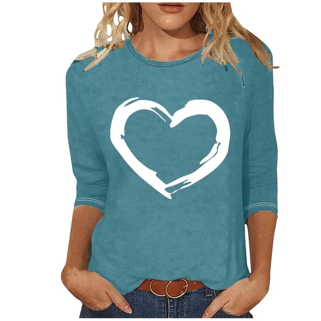 Lenpel T-Shirts pour Femmes Grande Taille Manches 3/4 Col Ras du Cou Tuniques à Imprimé Cœur Hauts Décontractés T-Shirts Graphiques (Marine, 4X-Grand)
