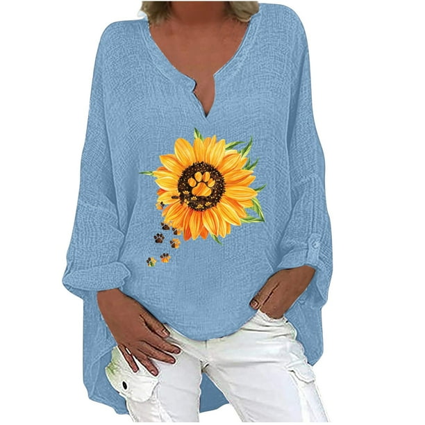 Camiseta suelta estampada a la moda para mujer Blusa de manga larga con cuello en V Tops casuales Pompotops FGAJ3912