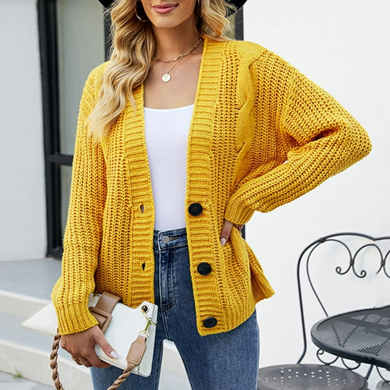 KaLI_store Oversized Sweaters for Women Women's Cable Knitted Cardigans  Ladies Long Sleeve Button Down Coat Yellow,L