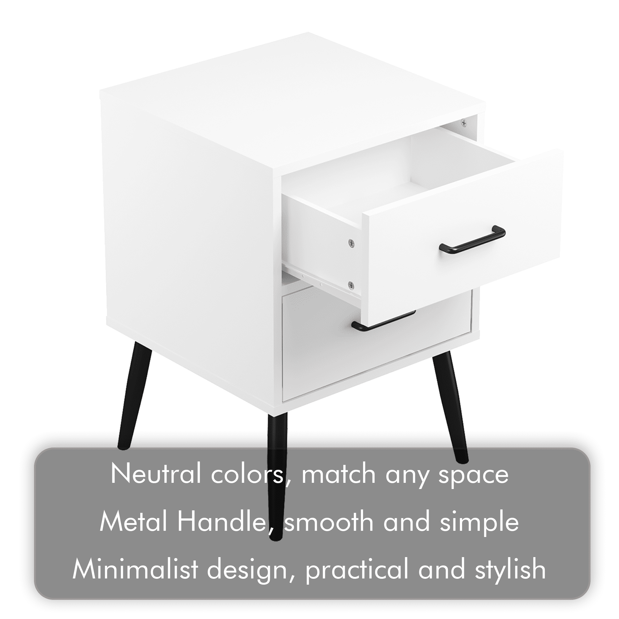 2-Drawer Nightstand with Metal Legs and Metal Handles, Modern White Bedside Table, Small End Table for Bedroom, Living Room or Apartment