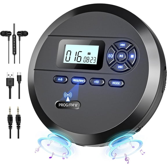 DESOBRY CD Player Portable with Speakers & FM Transmitter, Rechargeable Compact CD Player for Car, Portable CD-Player with LCD Screen, Earphones, AUX Cord