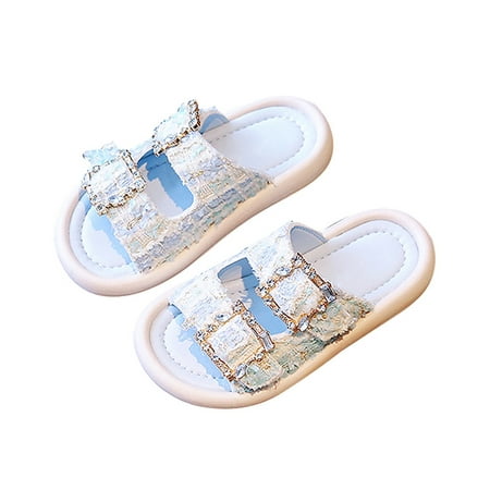 

QIANGONG Toddler Shoes Kids Baby Girls Slippers Rhinestone Stepping Sense Of Non Slip Soft Bottom One Word Flip Flops (Color: Blue Size: 36 )