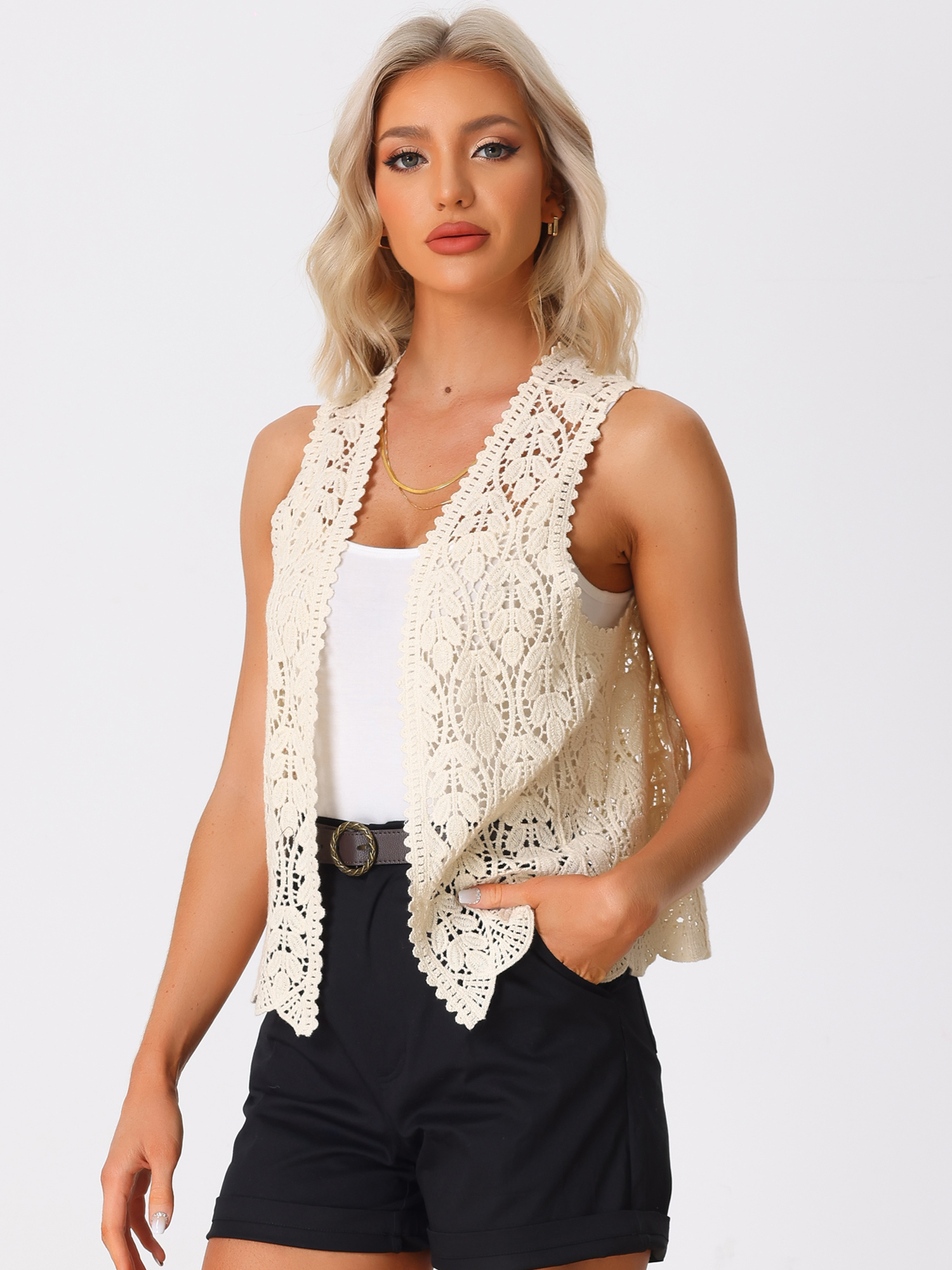 DARING DIVA Women's Floral Crochet Hollow Out Open Front Vest S Beige