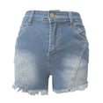 thumbnail image 5 of Women's High Waisted Stretchy Denim Shorts for Casual Outings - Comfortable Distressed Hem Design for Spring and Summer Wear Soft Cropped Jeans,Color:Light Blue,Size:L, 5 of 5