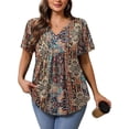thumbnail image 5 of Womens Plus Size Tunic Tops Summer Short Sleeve V Neck Floral Blouse Casual Loose Fit Pleated Button Down Dressy T Shirts for Work, Travel & Everyday Wear, 5 of 6