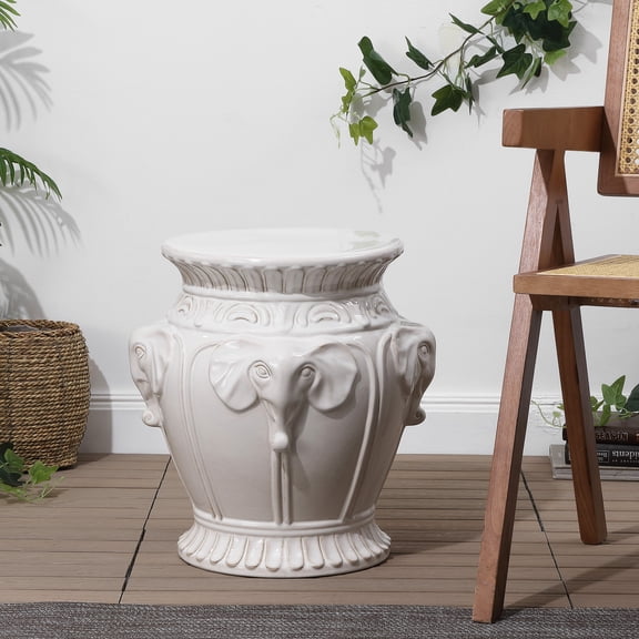 JONATHAN Y Anita 18" Classic Vintage Ceramic Indoor/Outdoor 4-Elephant Garden Stool, White