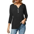 thumbnail image 3 of 3/4 Length Sleeve Linen Shirt for Women Button V Neck Tops Loose Crewneck Tops Summer Daily T Shirts, 3 of 7