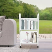 White Rolling Book Cart, Desktop Bookshelf with 2 Tiers, Removable Carbon Steel Shelves for Books, Documents, and Displays