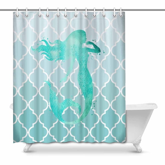 SUNENAT Watercolor Mermaid Silhouette with Teal Moroccan Trellis Waterproof Shower Curtain Bathroom 66(Wide) x 72(Height) Inches