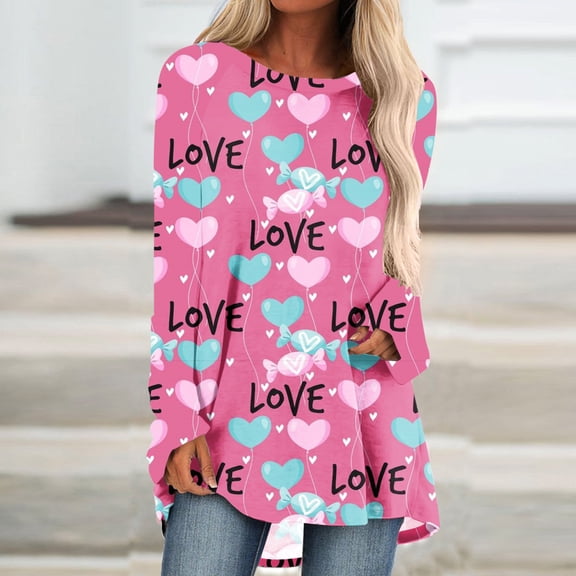 Lilgiuy Women's Fashion Valentine's Day Printed Round Neck Pleated Button Long Sleeve Women's Top Work Wear