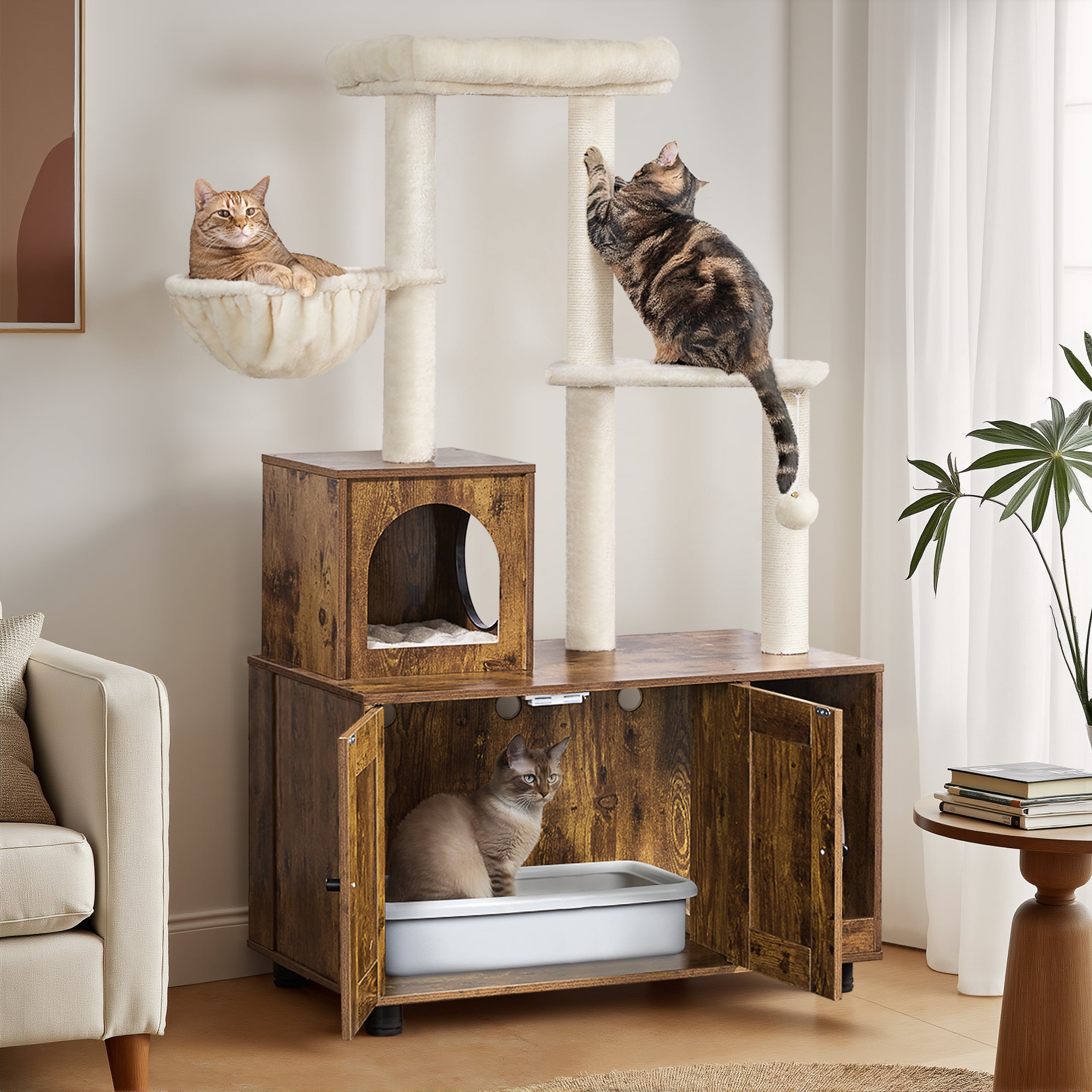 Renwick 53''  Wooden Litter Box Enclosure with Cat Tree Tower, Rustic Brown/Beige