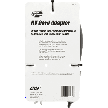 Road Power 09542 14/3 STW 15 to 30-Amp RV Adapter Extension Cord with Lighted End, 18-Inch, Black