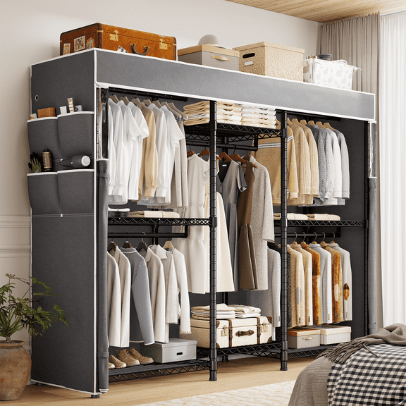 EnHomee Heavy Duty Clothes Rack with Zippered Cover,Extra-Wide Metal Wardrobe Closet Organizer with 5 Rods & 8 Shelves,900 lbs Capacity,Black