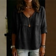 thumbnail image 5 of Women's Cotton Linen V Neck Blouse Casual 3/4 Sleeve Babydoll Pleated T Shirts Summer Boho Relaxed Fit Vacation Tunic Tops Black XXL, 5 of 5