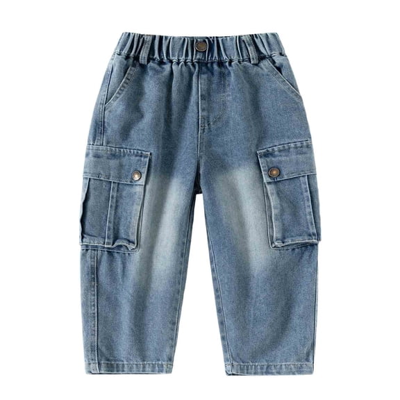 Falkdiz Cargo Denim Jeans for Boys Outdoor Loose Pockets Wide Leg Outdoor Pantalones Stylish Elastic Waist Boys Pants Relaxed fit, Blue, Size: 100