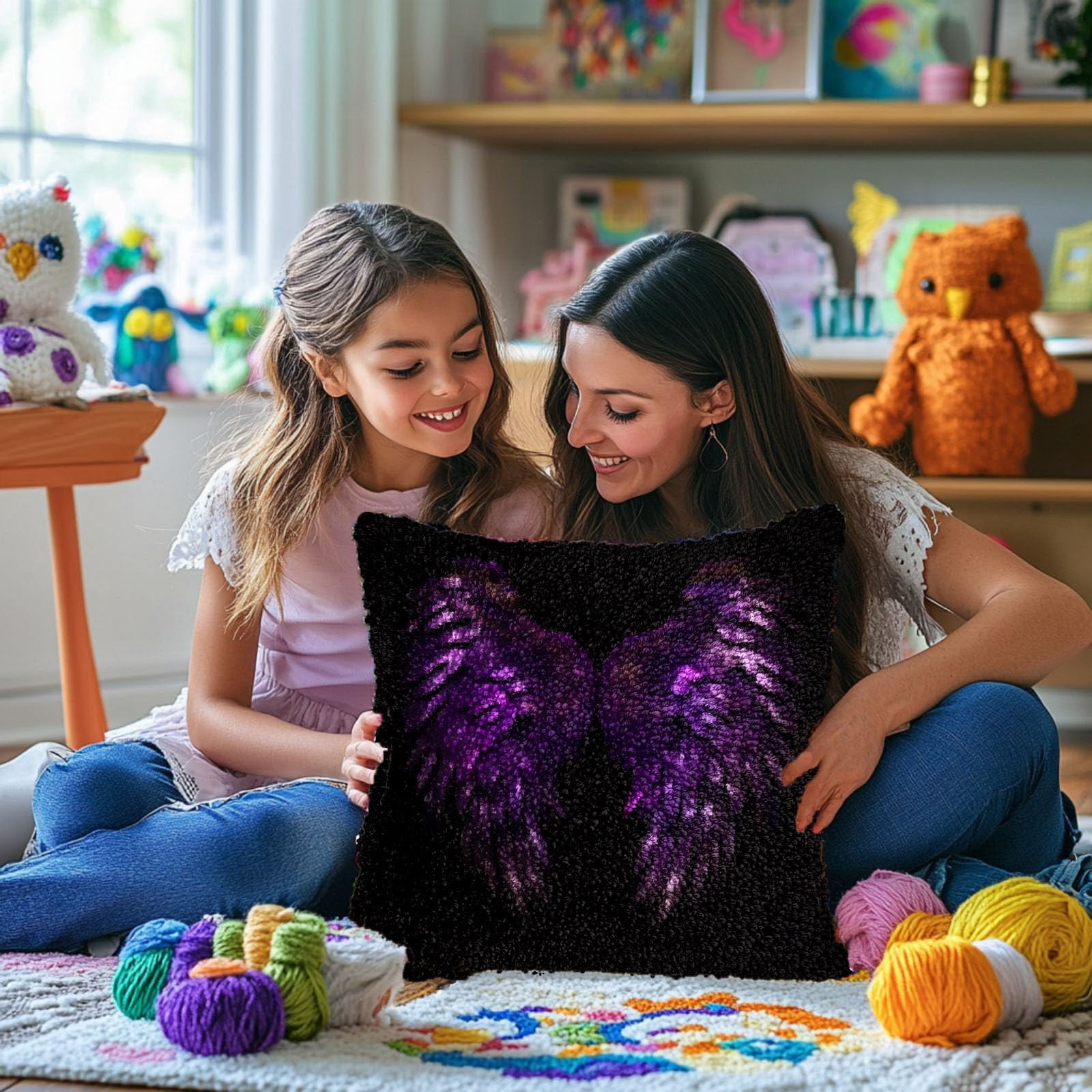 Abstract Wing Heart-shape DIY Latch Hook Pillow Kits for Adults Printed Pillowcase Crochet Yarns Hooking Handmade Pillow Cover Cushion for Home Sofa Decoration 17x17inch(2)