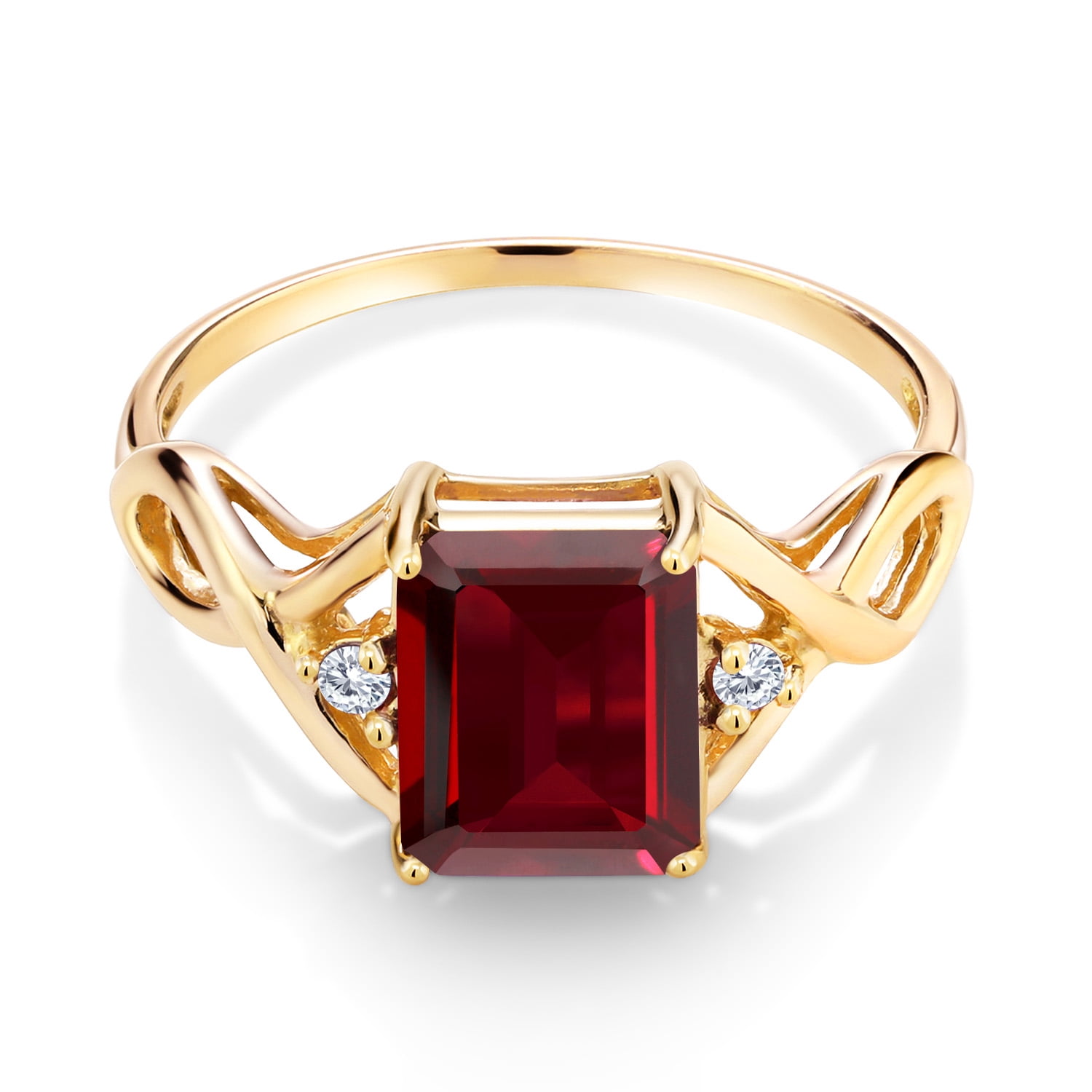 3-Stone Ring for Women | 18K Yellow Gold Plated Silver | 9X7MM Emerald Cut Gemstone Birthstone & Lab Grown Diamond | Wedding Anniversary Engagement Ring | Size 5-9 | Garnet, January | 6