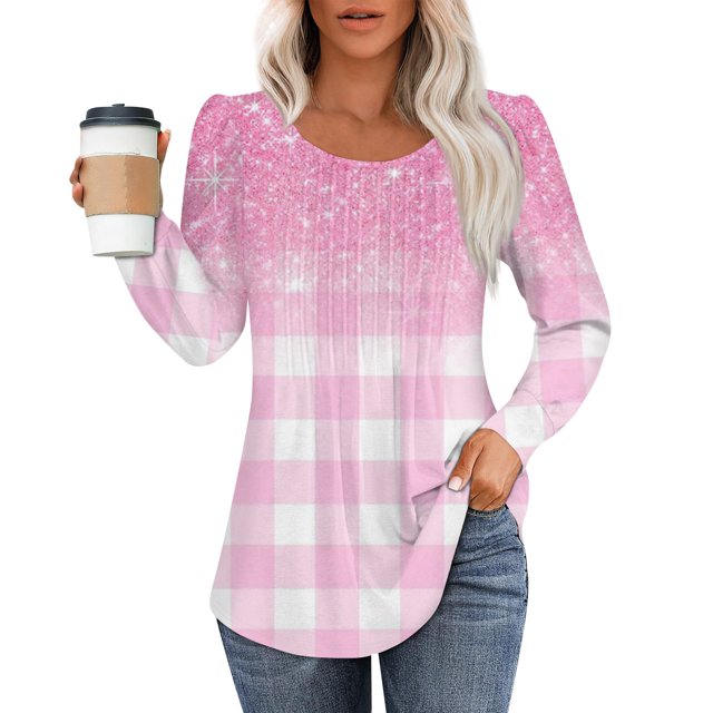 Camiseta plisada de manga larga con cuello redondo y estampado casual para mujer rosa M SCZ
