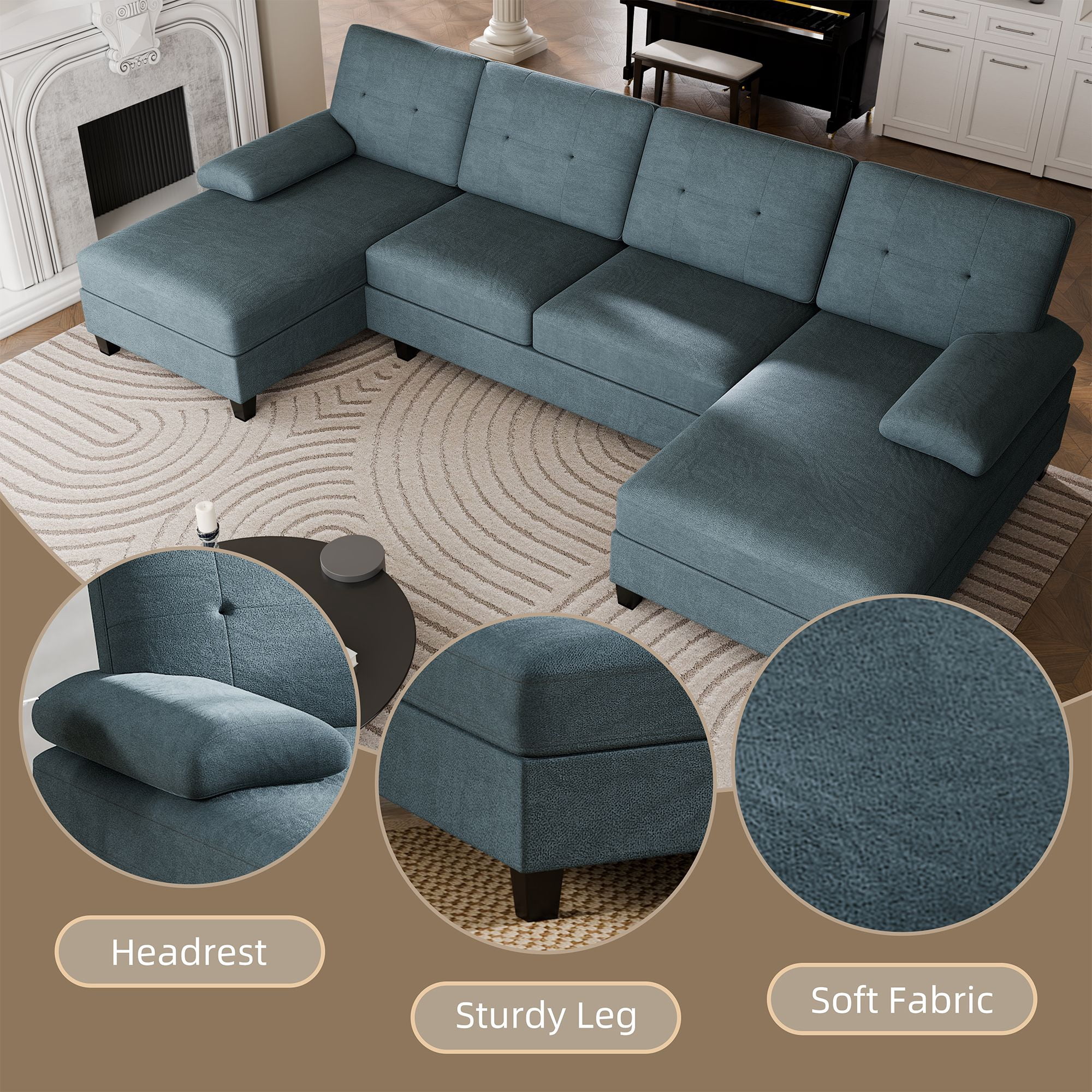 Walsunny Modern U-Shape Sectional Sofa, Chenille Fabric Modular Couch, 4 Seat Oversized Sofa with Chaise for Living Room