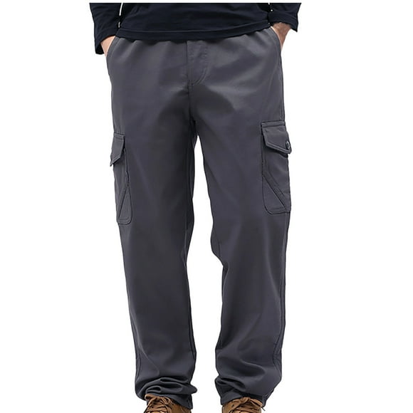 Fankiway Men's Solid Color Pocket Casual Trousers Long Pants with Elastic Waist for Everyday Wear Dark Gray XL