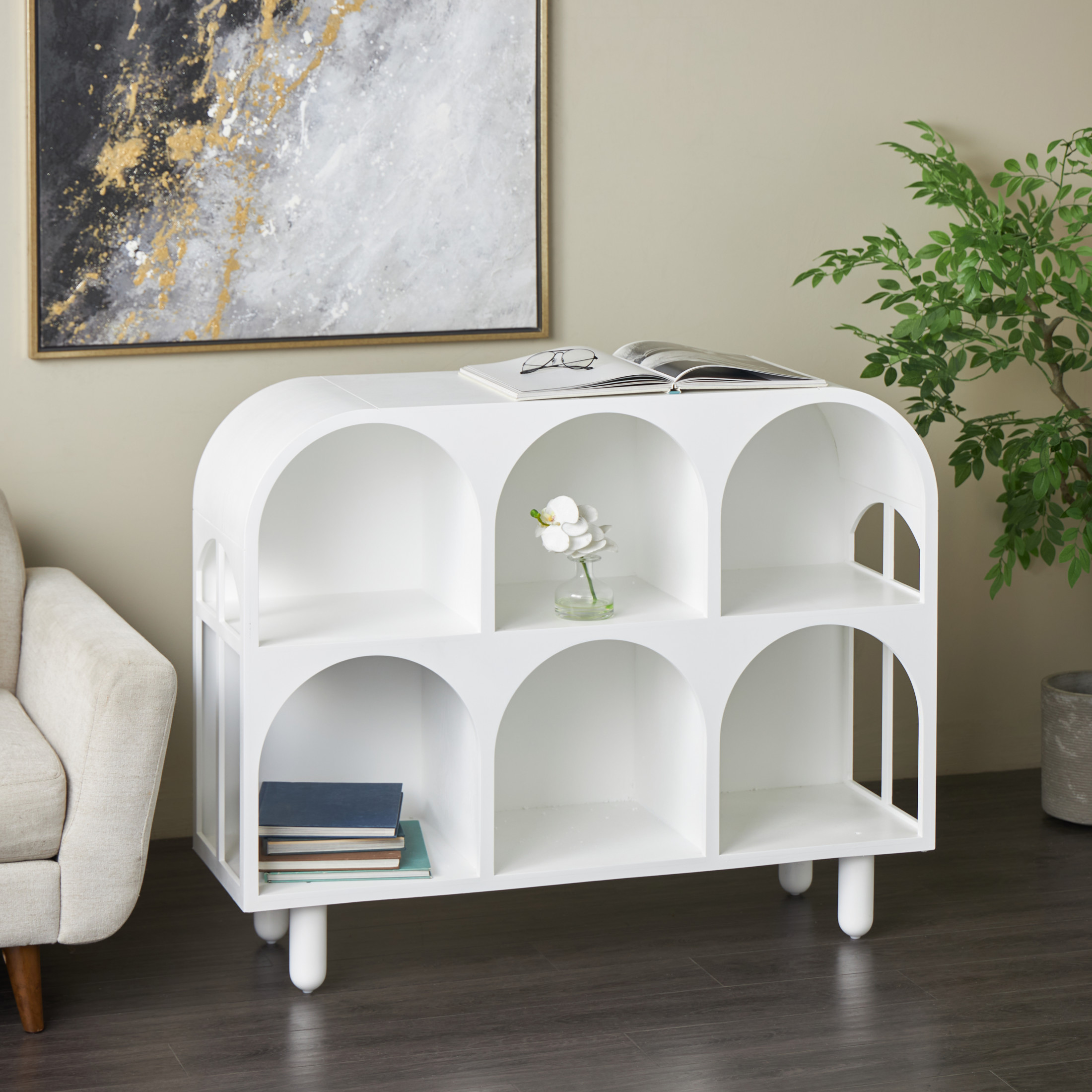 DecMode 47" x 38" White Wooden Handmade Geometric 6 Shelf Console Table, 1-Piece
