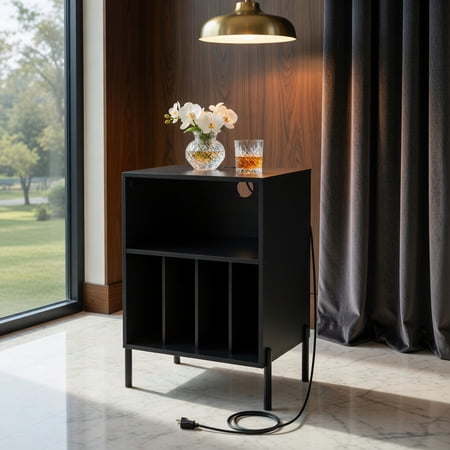 Topcobe Record Player Stand with Record Storage Shelf and Charging Station, End Tables Bedroom, Sofa Side Table for Living Room, Black