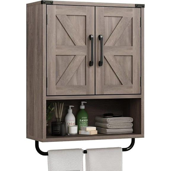 Farmhouse Wall Storage Cabinet with Two Barn Door, Rustic Mounted Medicine Cabinet with Adjustable Shelf and Towel Bar, 3-Tier Wood Cabinet for Kitchen, Bathroom, Living Room (Washed Oak)