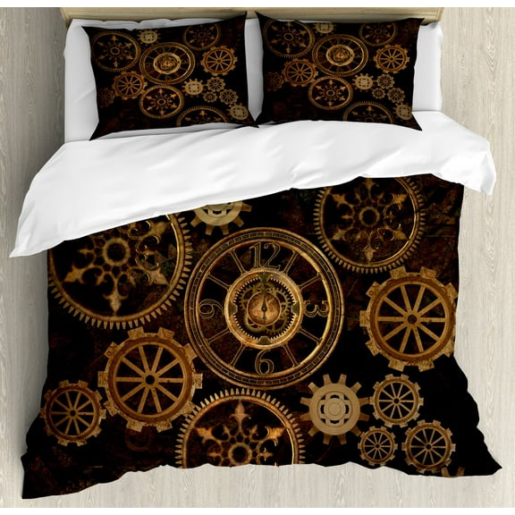 Steampunk Queen Size Duvet Cover Set, Dark Toned Mechanical Composition Including Various Wheels Gears Image, Decorative 3 Piece Bedding Set with 2 Pillow Shams, Dark Brown Sand Brown, by Ambesonne